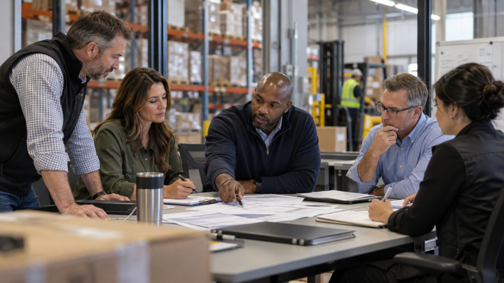 Wholesale distribution team reviewing inventory and second-half planning during a warehouse operations meeting