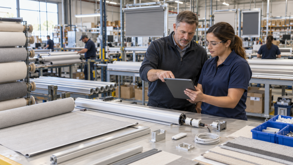 Window covering manufacturer reviewing motorized blind specifications in ERP software